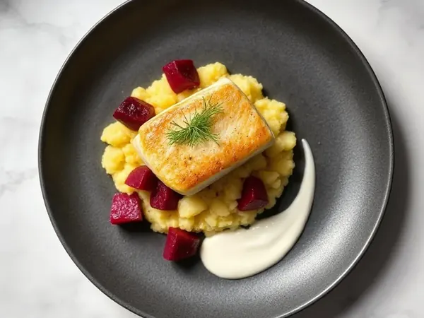 Pan-Roasted Cod with Beetroot, Crushed Potatoes and Horseradish Cream