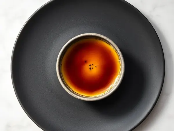 Vanilla Crème Brûlée in a ramekin on a dark plate
