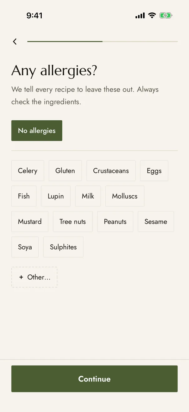Garnished asking “Any allergies?” with the 14 major allergens to choose from