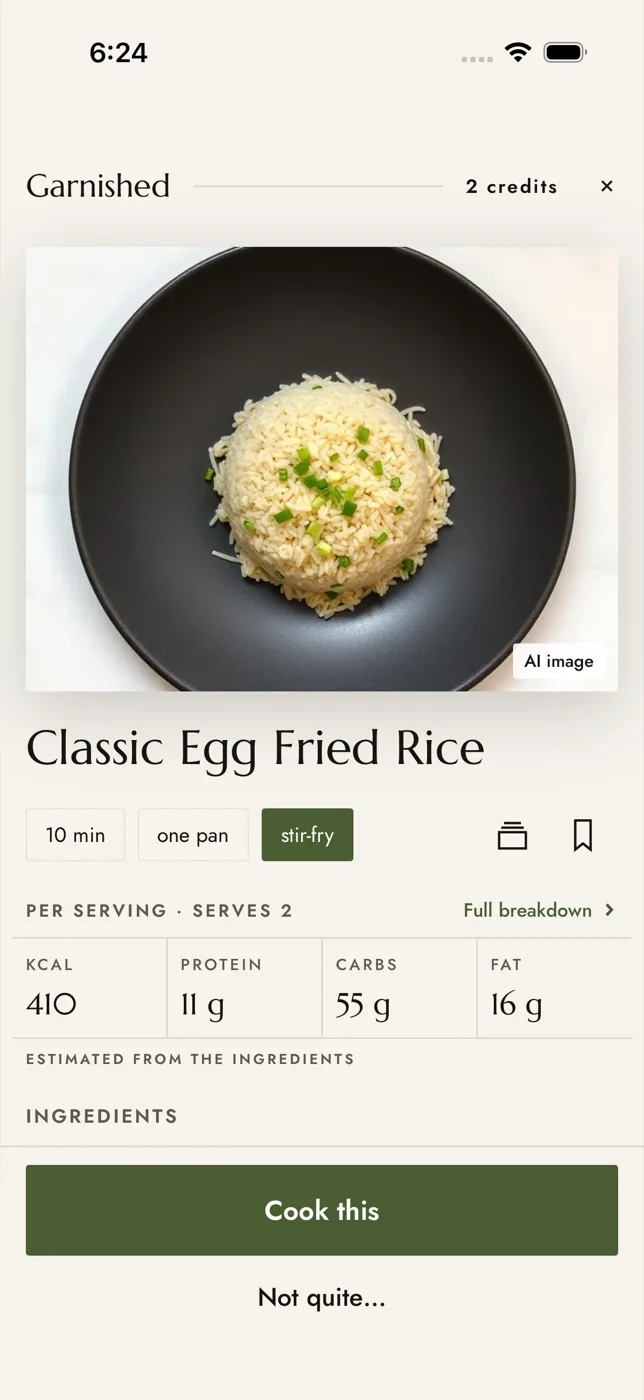 A Classic Egg Fried Rice recipe in Garnished: a picture of the plated dish, 10 minutes, one pan, and nutrition per serving